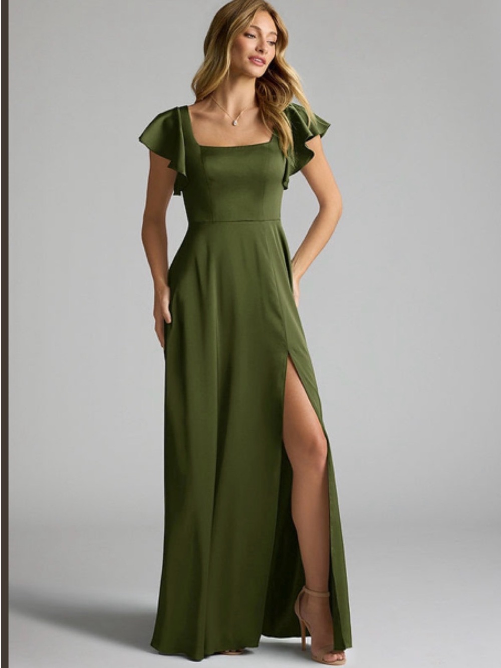 Azazie Olive stretch satin fabric NEVER WORN